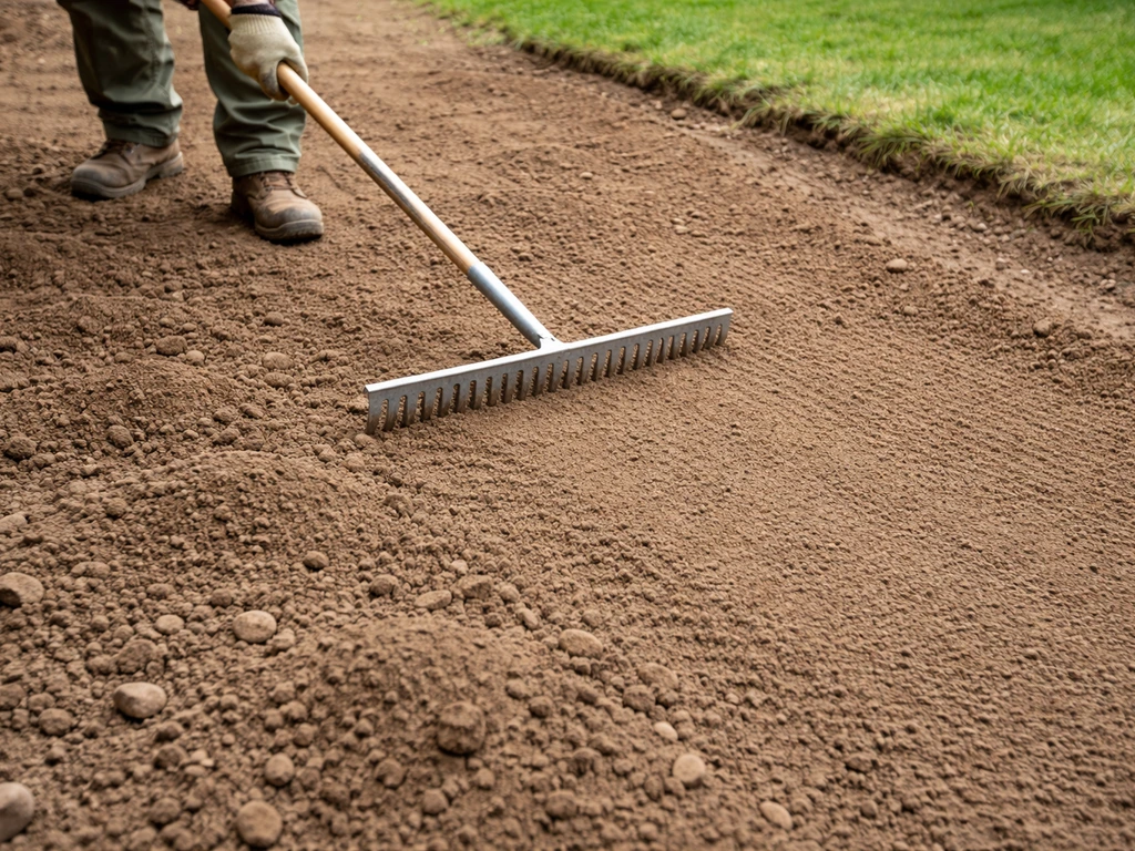 Un râteau à dents plates lisse une terre meuble dans un jardin, avec une légère pente pour éviter la stagnation d’eau.
