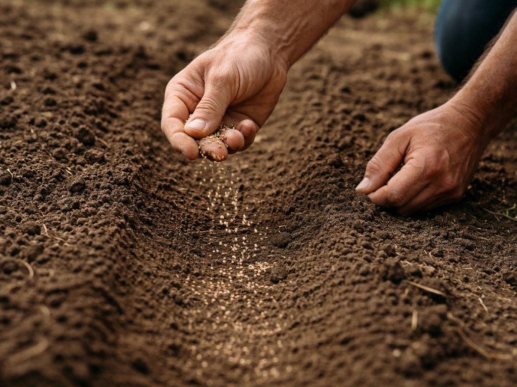 Mains semant à la volée sur une terre fine bien ressuyée, juste avant un dernier ratissage au potager.