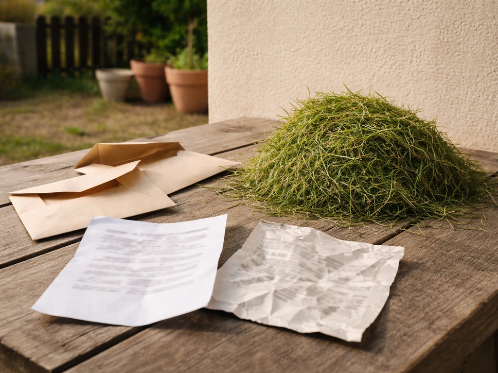 Gazon méditerranéen et feuilles anonymisées évoquant des avis clients positifs et négatifs, dans un jardin.