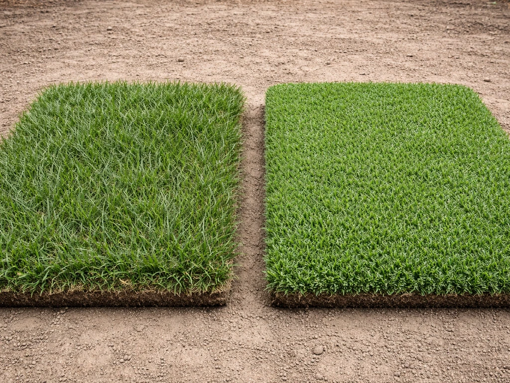 Comparaison visuelle : deux gazons en rouleau, fétuque à gauche et bermuda/zoysia/kikuyu à droite, texture dense.