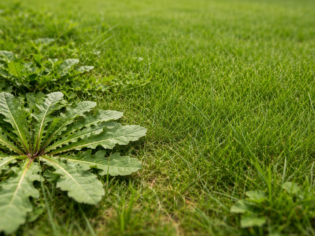 Rosettes de pissenlit dans une pelouse, contrastant avec un gazon dense et des herbes indésirables.