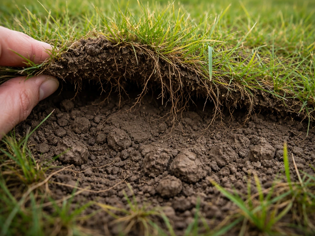 Sol argileux tassé sous une pelouse, racines affaiblies et zones où l’herbe peine à repartir.