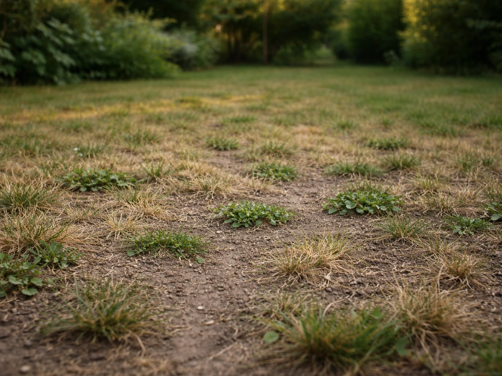 Pelouse clairsemée avec sol visible et adventices, montrant un déséquilibre de fertilisation