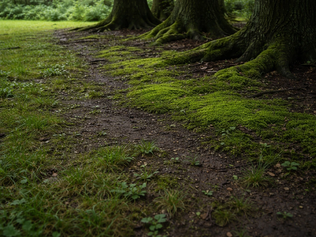 Pelouse clairsemée sous des arbres, mousse verte et terre humide en exposition nord, herbes et adventices
