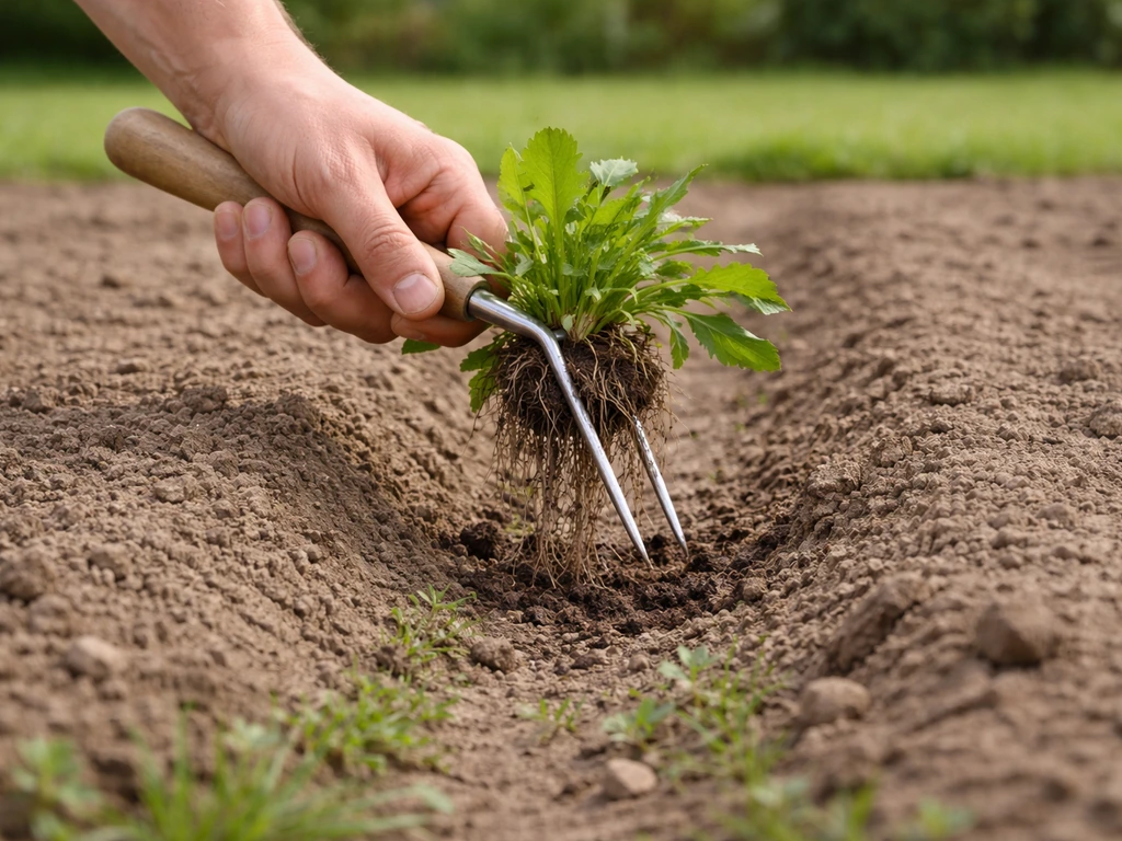 Main avec une fourche à désherber arrachant une touffe de mauvaises herbes, racines visibles