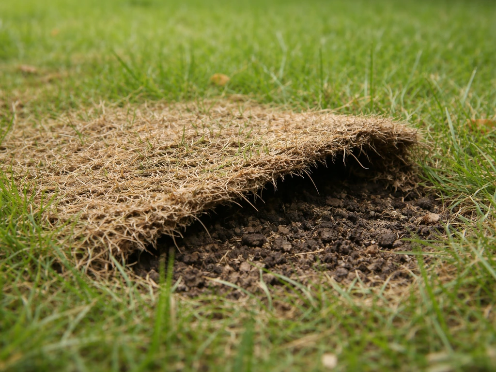 Plaque de gazon mort soulevée comme un tapis, laissant voir un sol sombre sous la pelouse.