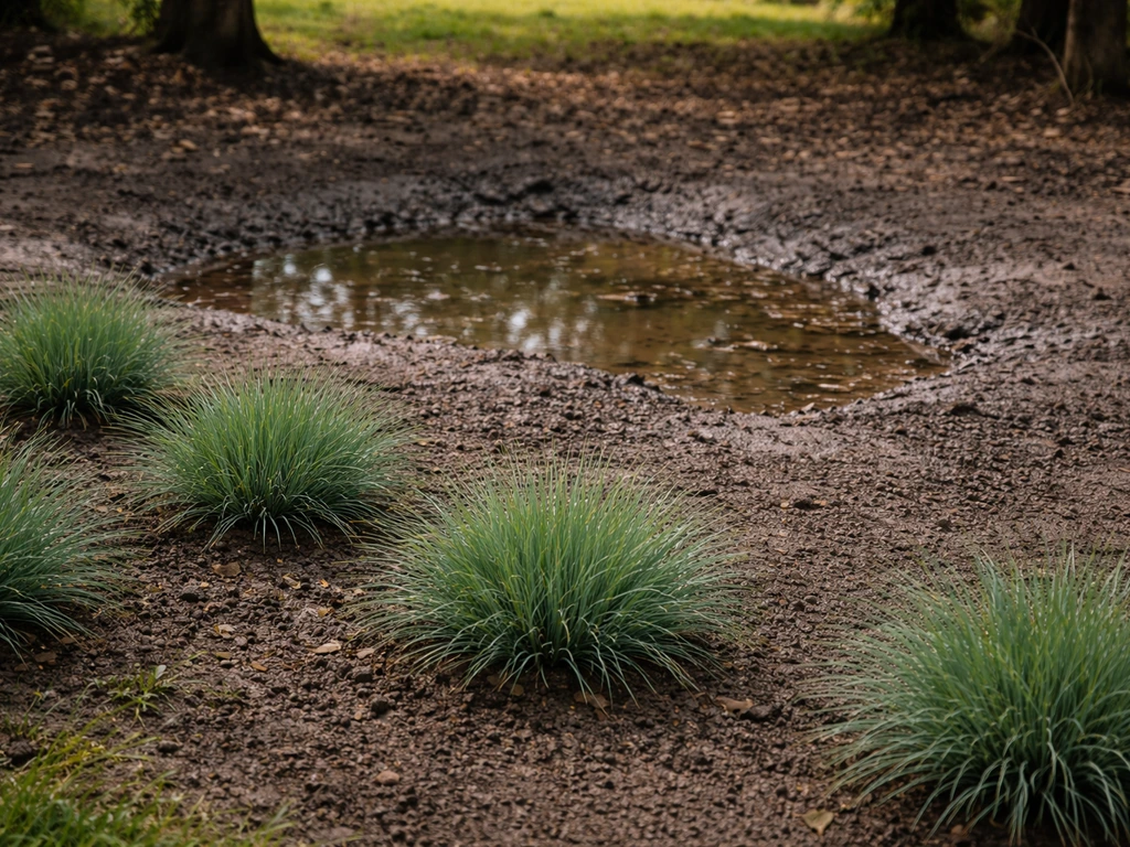 Allée de jardin sur sol argileux humide, eau qui stagne près de touffes de fétuques vertes adaptées.