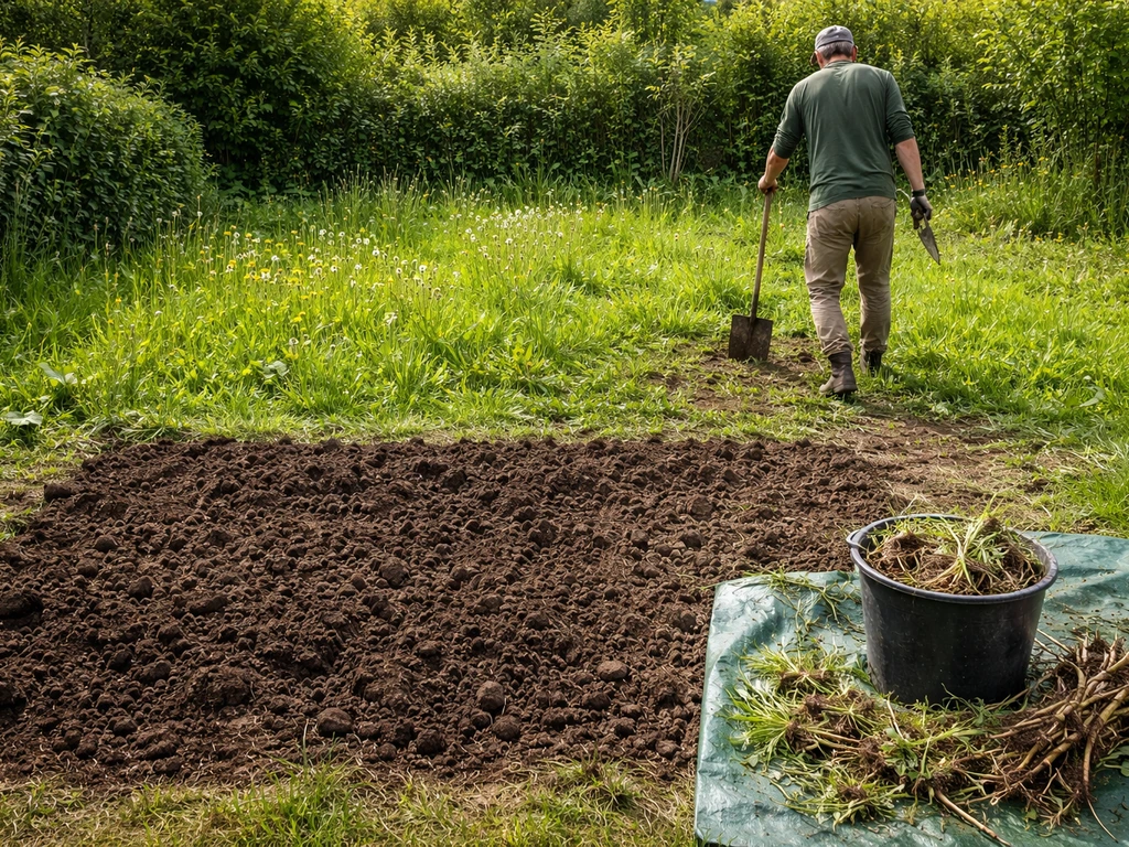 Jardin avant/après : désherbage manuel ciblé puis sol bêché, avec mauvaises herbes encore visibles à côté.
