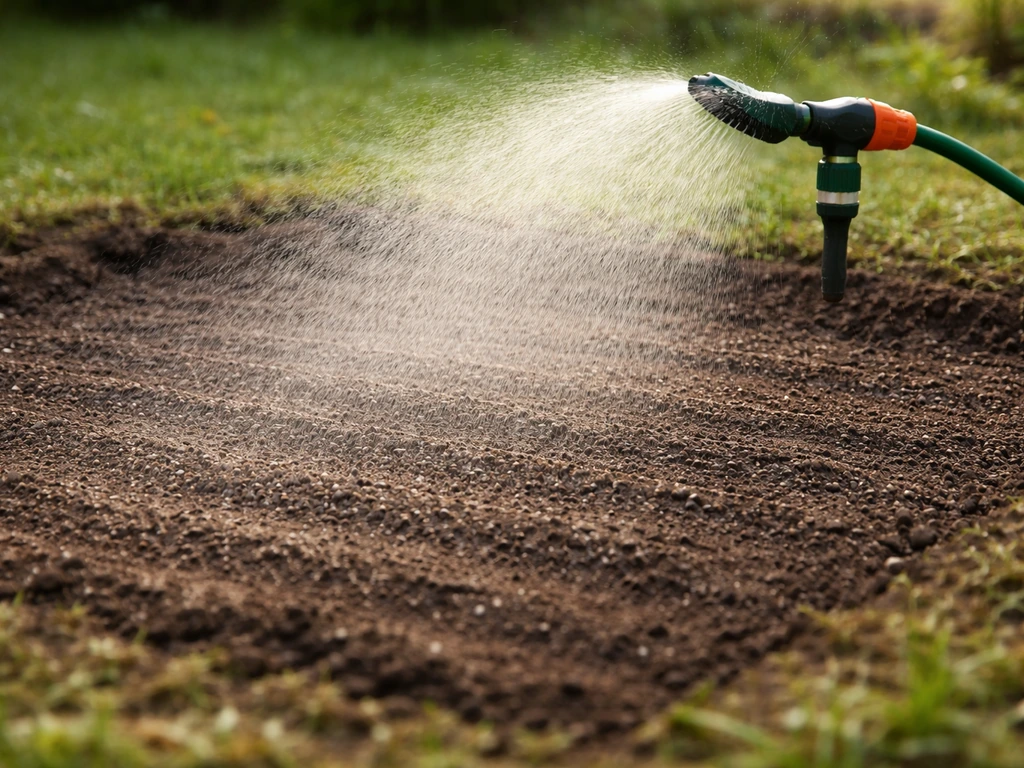 Arroseur réglé en brumisation arrosant juste après le semis, sol humide en surface sans ruissellement.