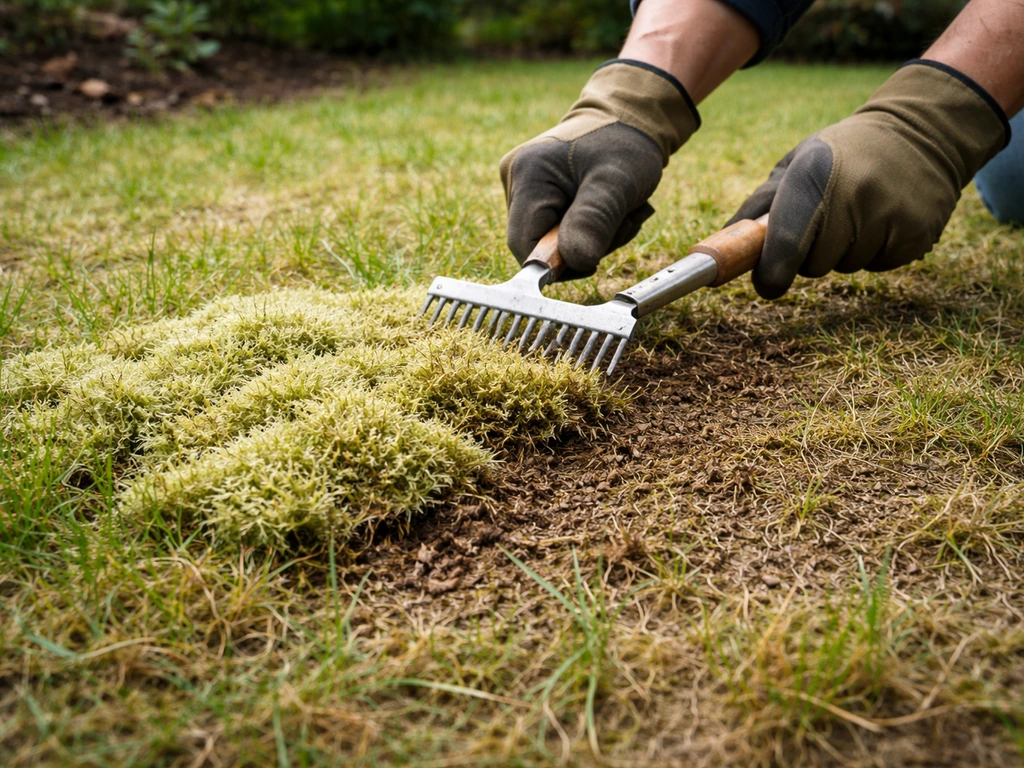 Gazon couvert de mousse, puis scarification légère et aération, geste correctif sur petite zone