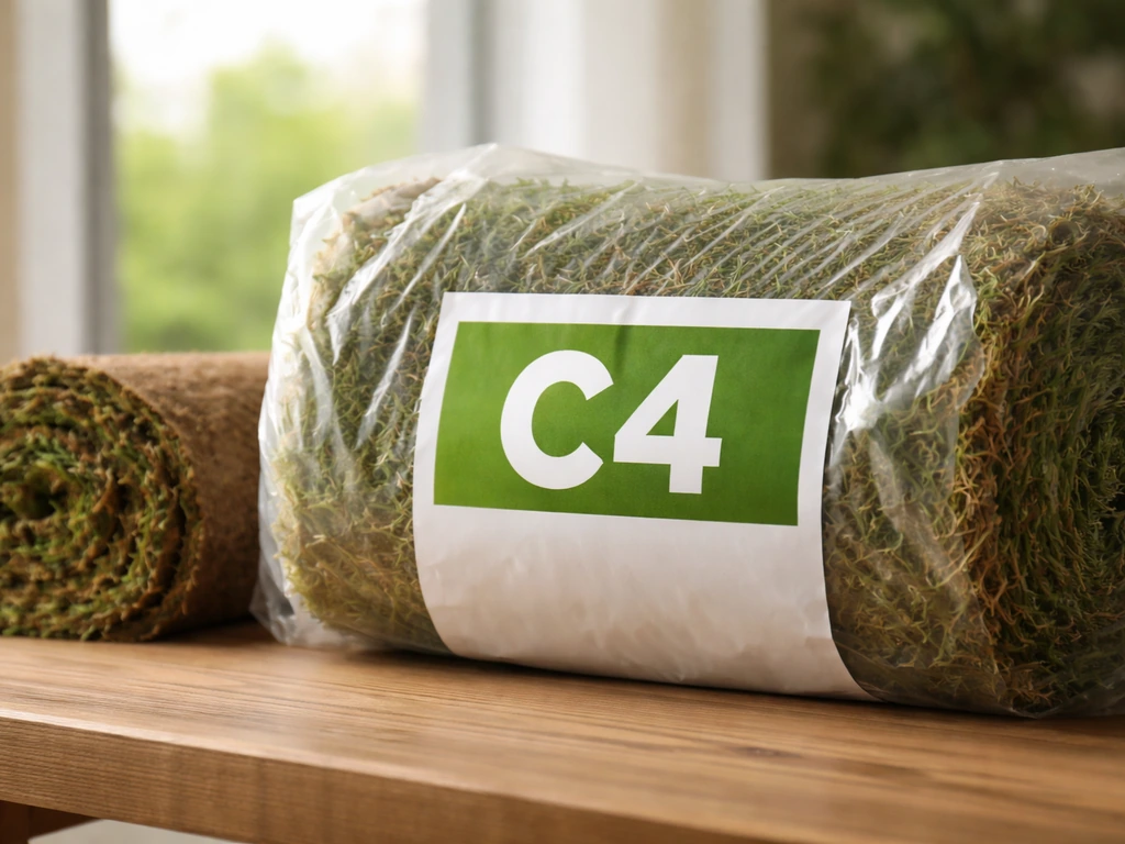 Gros plan sur un sachet ou rouleau de gazon avec une mention “C4”, zone “C4” nette et lisible.