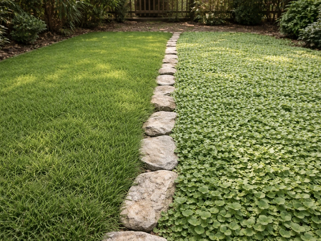 Comparaison au sol de deux tapis végétaux: zoysia au grain fin et dichondra aux feuilles plus rondes.