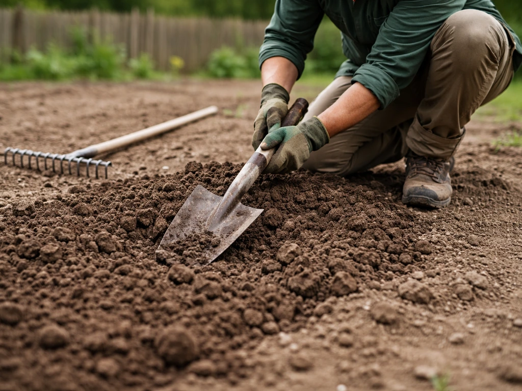 Jardinier anonyme bêchant et décompactant la terre sur ~15 cm, puis nivellement du sol avant semis.