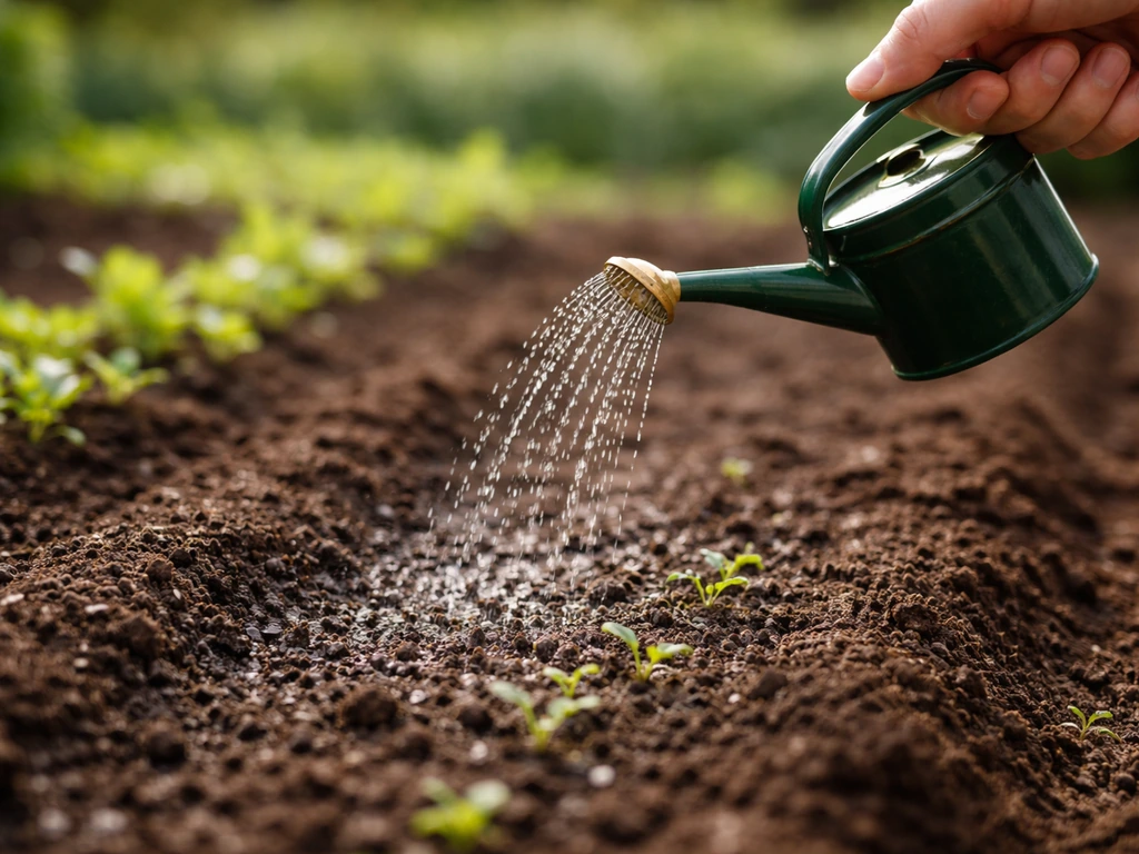 Main arrosant délicatement des jeunes pousses avec un arrosoir à pomme fine, sol humide après semis