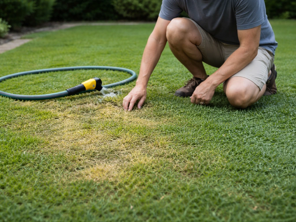 Jardinier au genou inspectant un tapis de gazon jauni et clairsemé avec tuyau d’arrosage posé près de la zone.
