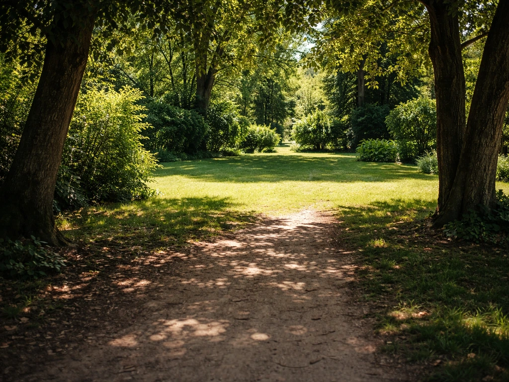 Jardin calme divisé en zones d’ombre et de lumière près d’arbres, observé au fil de la journée.
