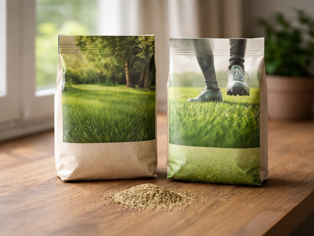 Sachets de graines de gazon : fétuques fines pour l’ombre vs mélange sport, composition visible sans texte lisible.