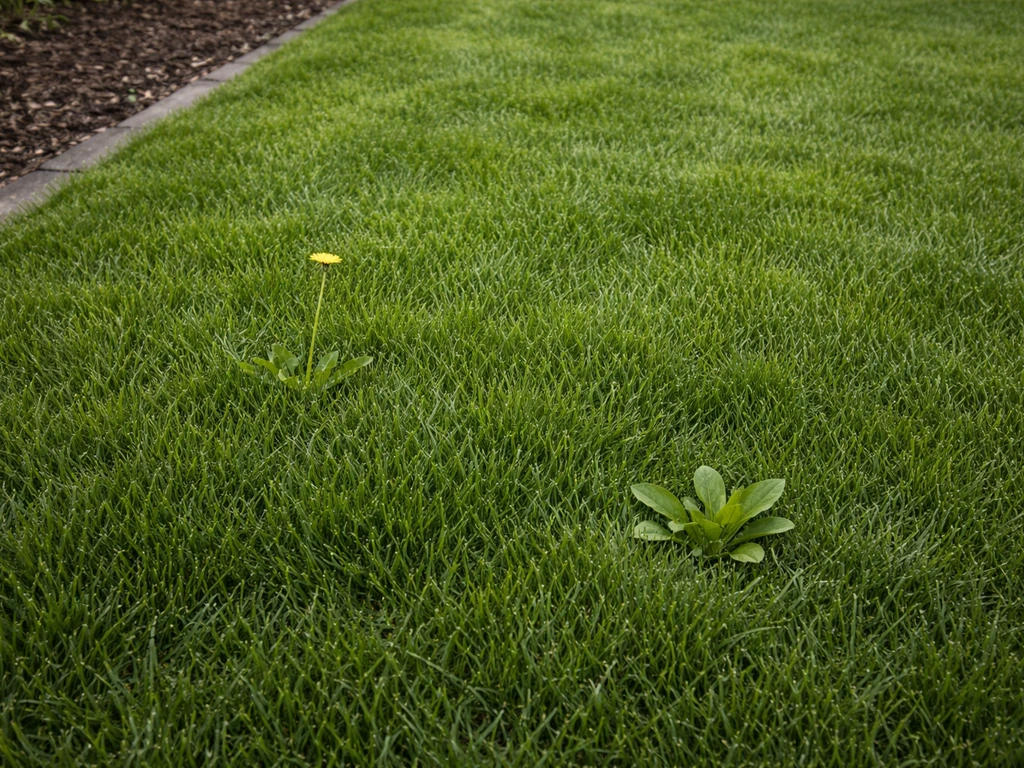Gazon dense et vert avec quelques pissenlits et plantains clairsemés en bordure, lutte naturelle par la densité.