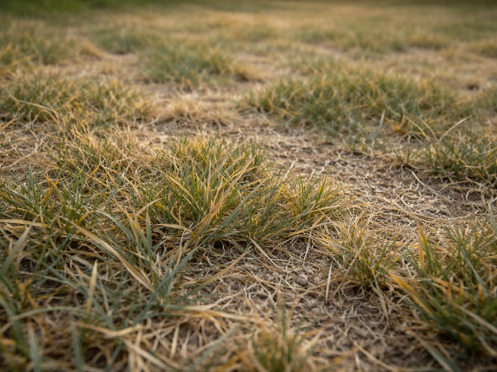 Gros plan d’une pelouse de kikuyu avec brins jaunis et clairsemés, évoquant un stress hydrique.