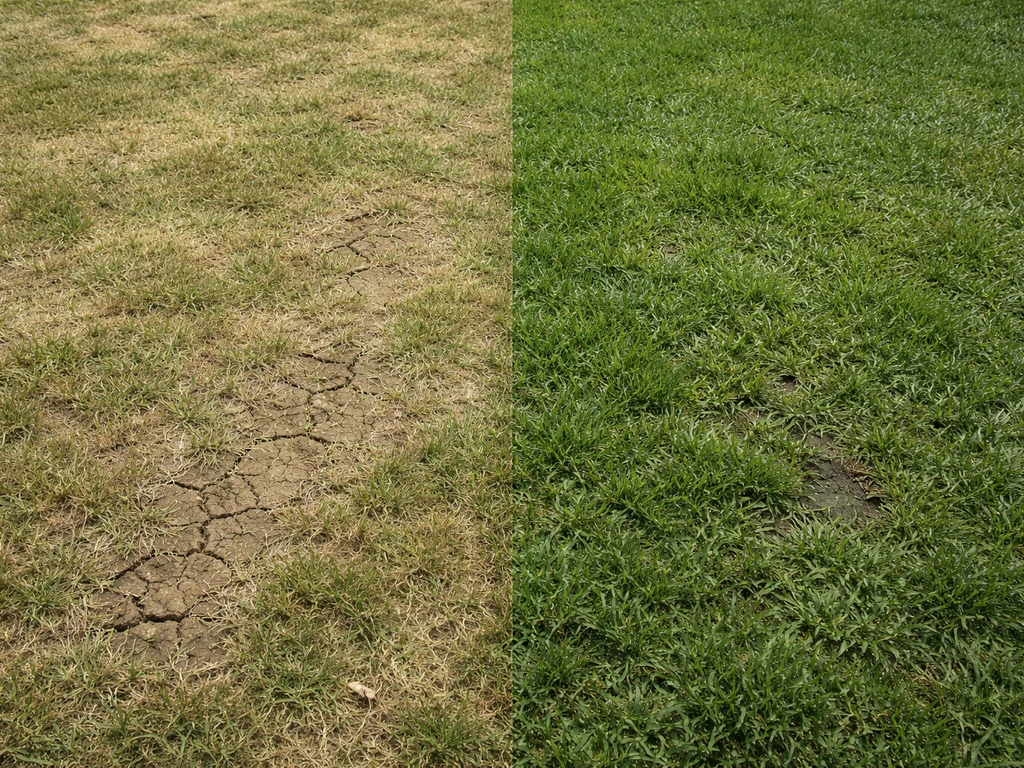 Comparaison côte à côte d’une pelouse de kikuyu : zone sèche terne vs zone humide avec traces de suintement