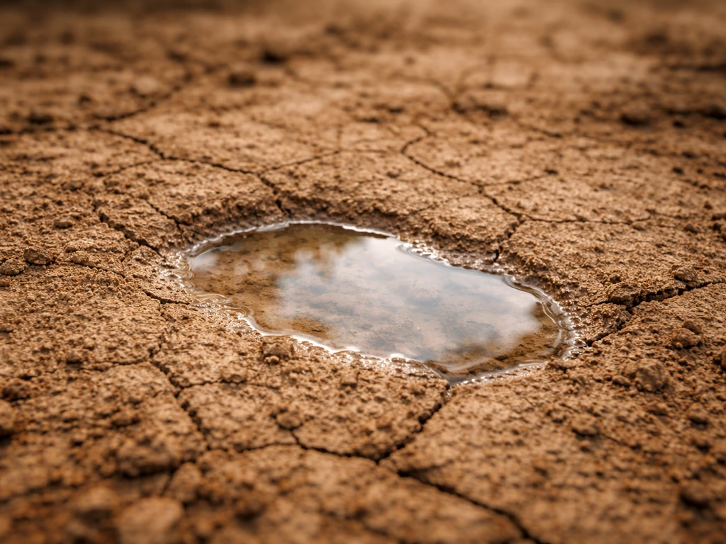 Gros plan sur un sol argileux compacté avec une croûte imperméable, eau qui ne s’infiltre pas.
