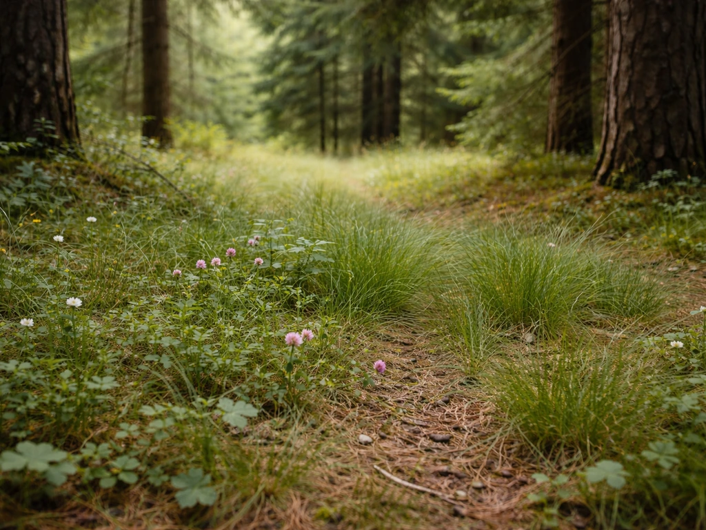 Sous conifères, tapis de graminées fines et fleurs sauvages pour un sous-bois ombragé très peu tondu.