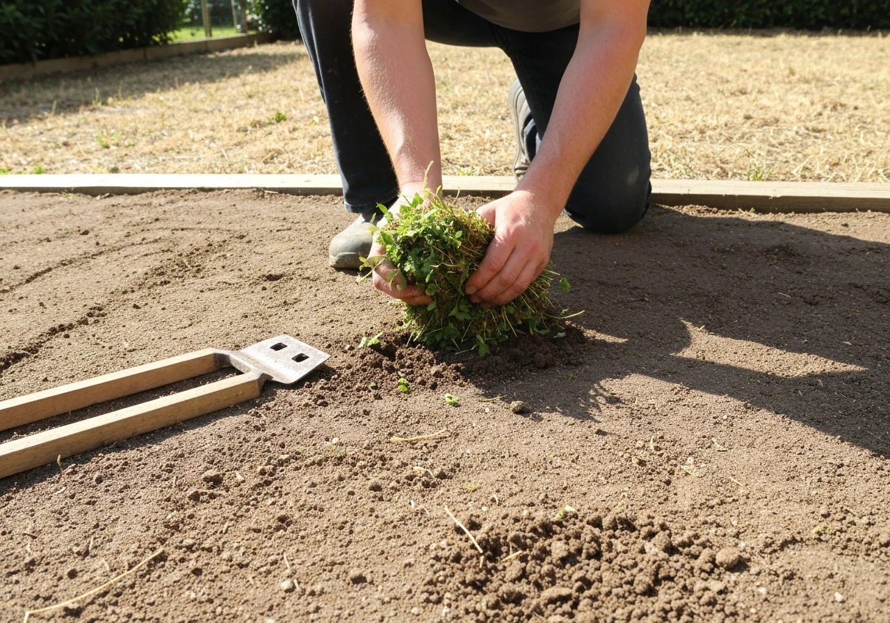 Main qui arrache une mauvaise herbe, surface de sol nue et outils de jardin posés pour préparer le semis de gazon.