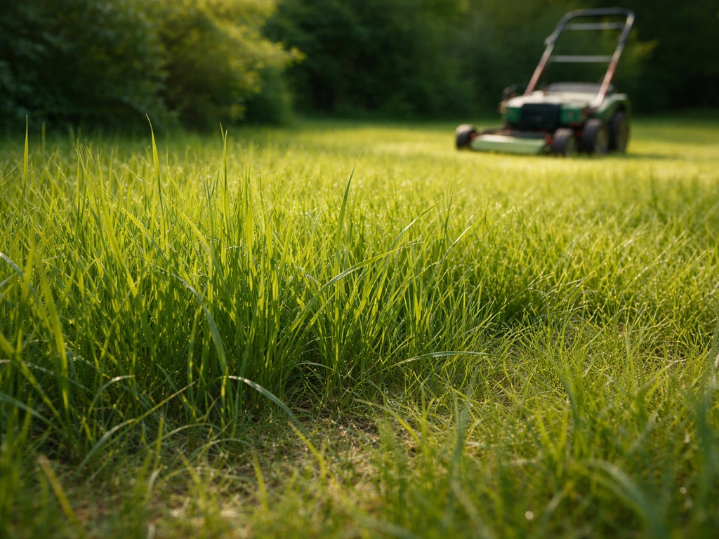 Pelouse tondue en été, brins d’herbe plus longs et tondeuse réglée haute, ombre au sol
