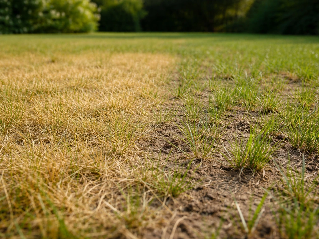 Gazon d’été avec zones jaunies et semis clair, vue au ras du sol montrant les brins et la densité.