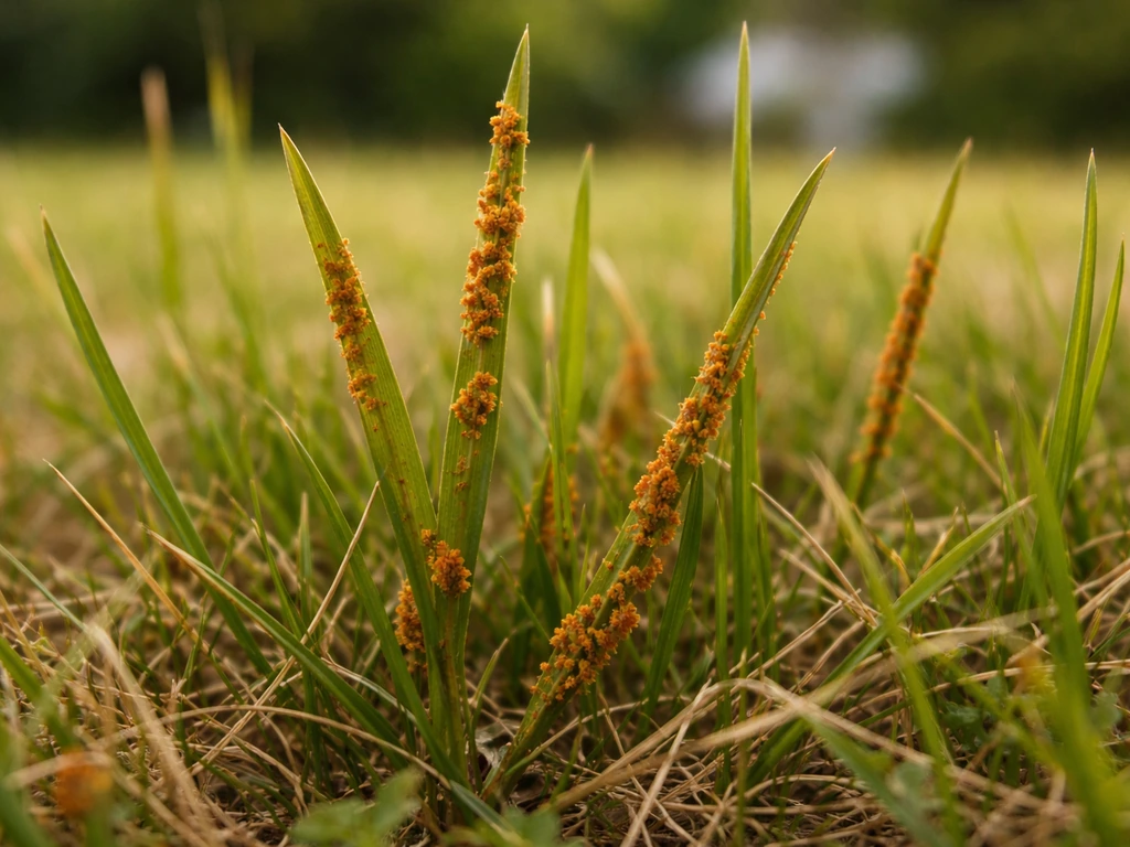 Gros plan de brins d’herbe de gazon fin d’été avec pustules orange-rousses de rouille.