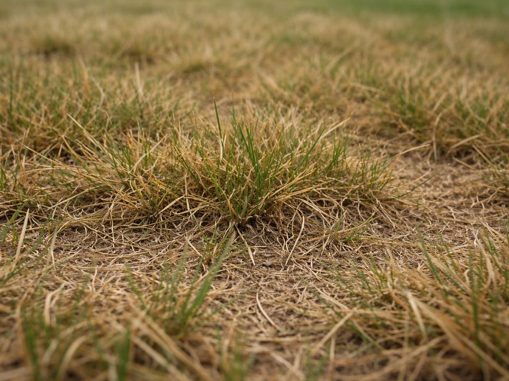 Gros plan sur une pelouse jaunie et brunie, brins secs, sol visible entre les herbes, sans irrigation.