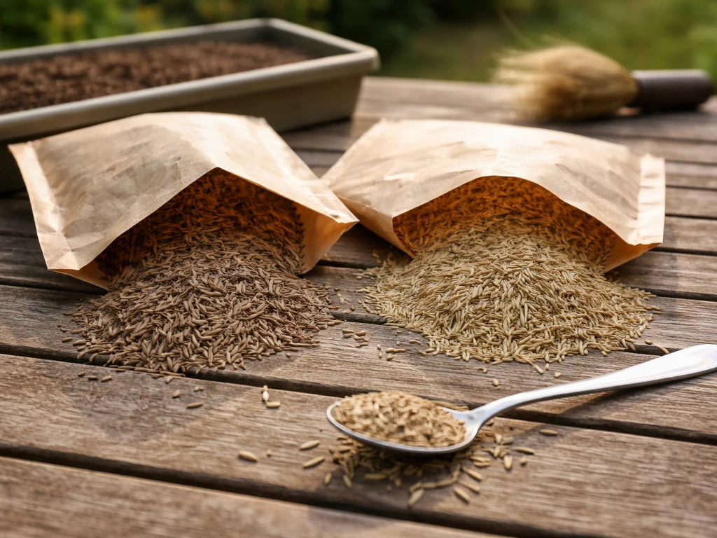 Sachets et graines de gazon sur une table, deux tas de semences suggérant fétuque élevée et ray-grass.
