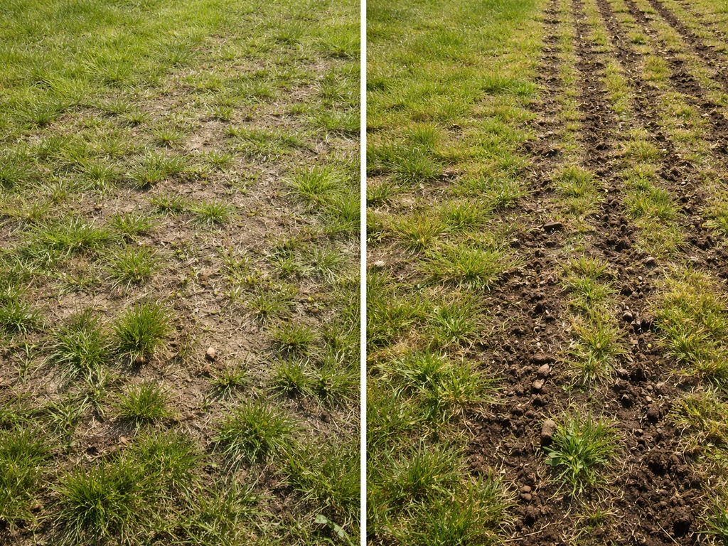 Pelouse avant/après : sol décompacté et aéré au scarificateur, prêt pour regarnissage et semis.