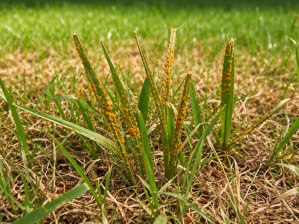 Gazon avec feuilles d’herbe portant des pustules brun-orangé typiques de la rouille, en extérieur
