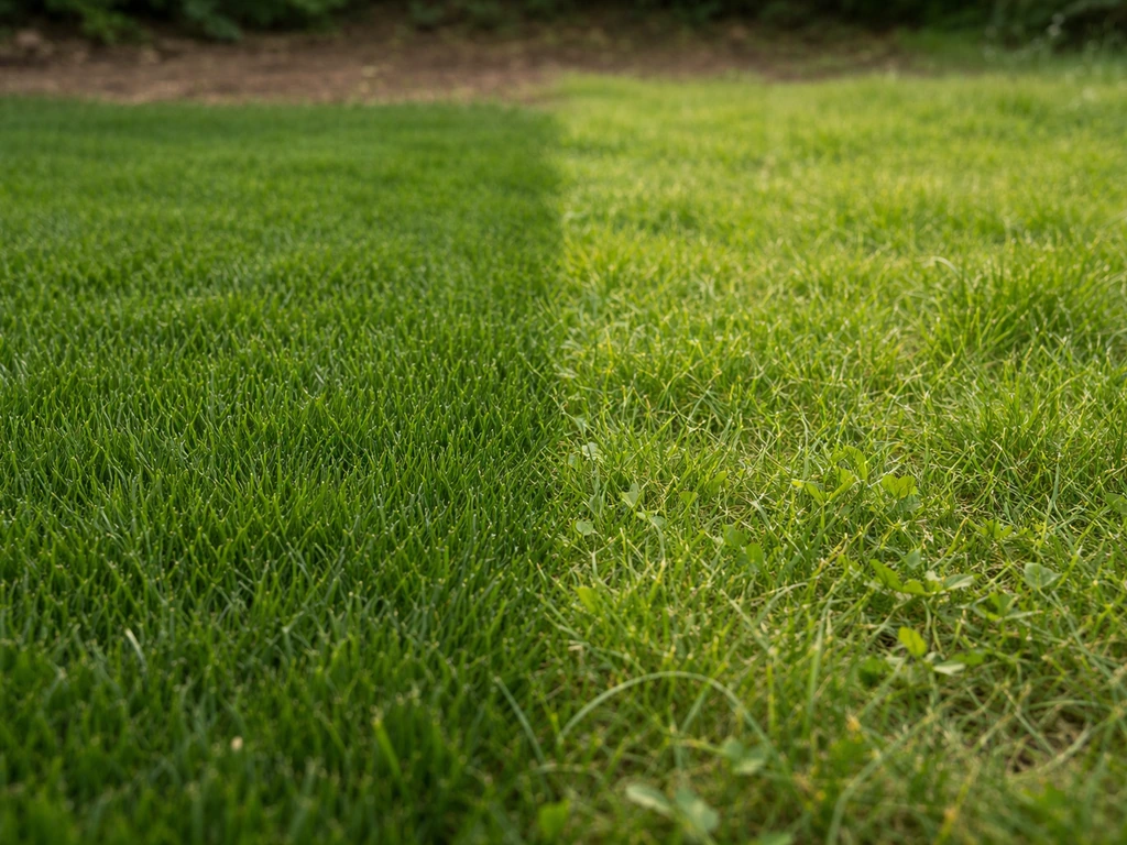 Comparaison côte à côte de deux pelouses : gazon anglais dense et vert foncé, gazon rustique plus irrégulier.