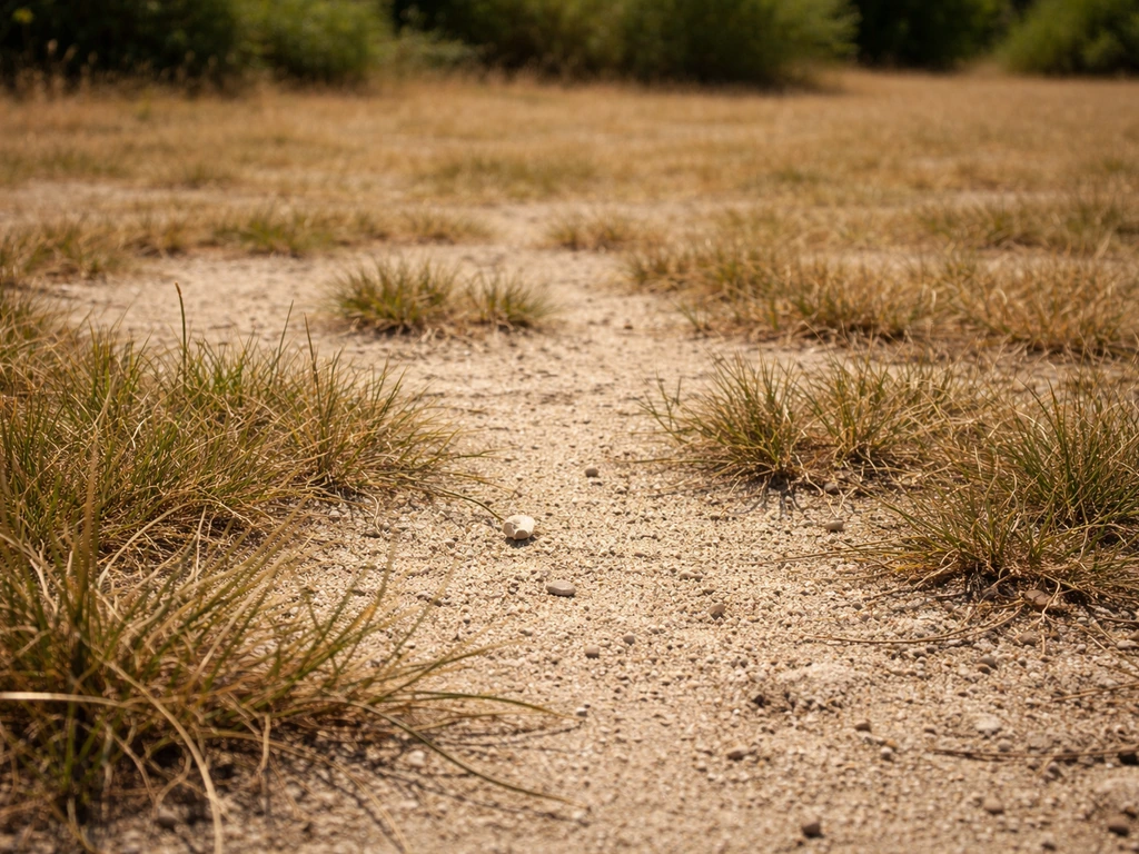 Sol sableux en été avec pelouse jaunissante et herbe roussie sur substrat drainant, illustrant la sécheresse.
