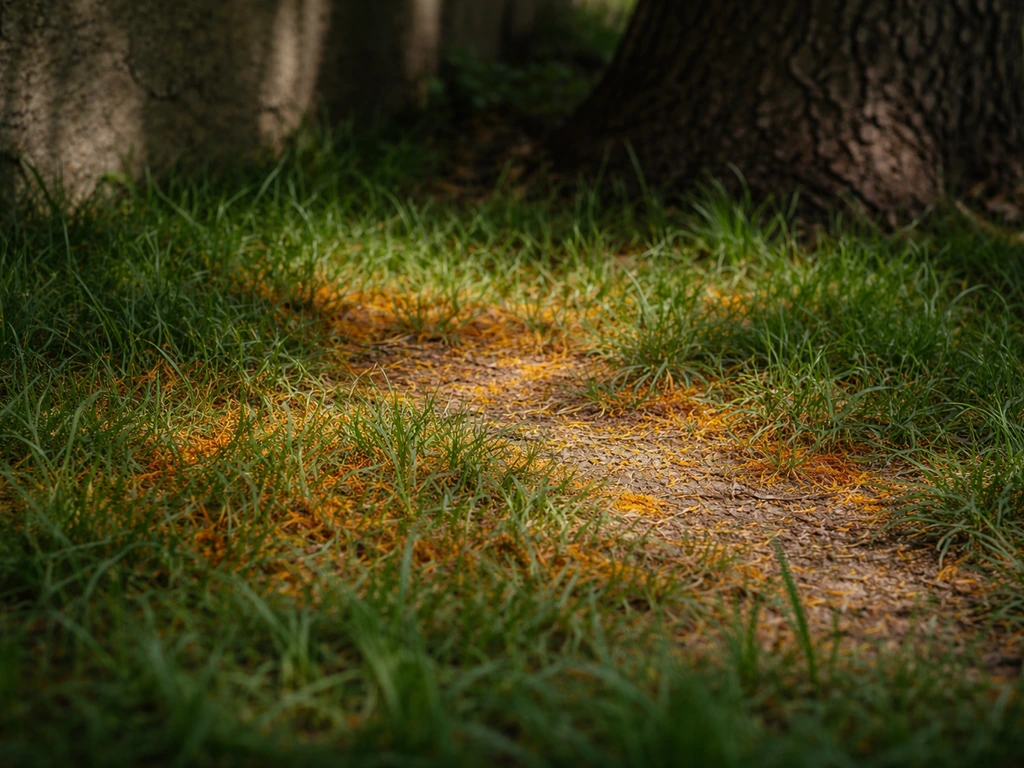 Gros plan sur un gazon à l’ombre avec taches orangées de rouille et traces discrètes de passage.