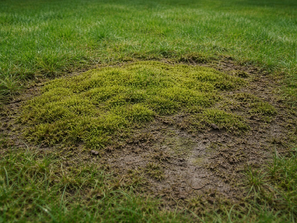 Gazon avec une zone de mousse feutrée et sol compacté, suggérant humidité stagnante.