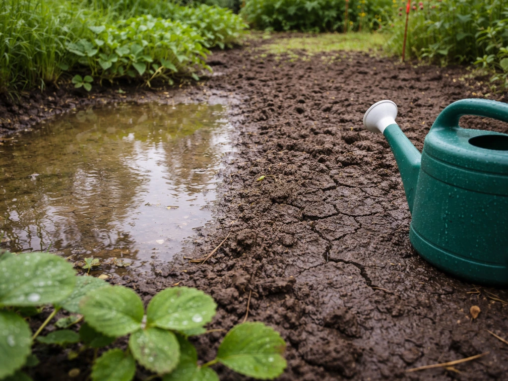 Sol après pluie simulée : eau qui stagne dans une zone et terre qui sèche plus vite à côté.