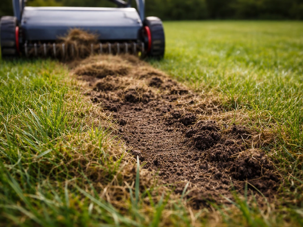 Scarification sur une pelouse : l’herbe est soulevée et le feutre arraché révèle le sol compacté.