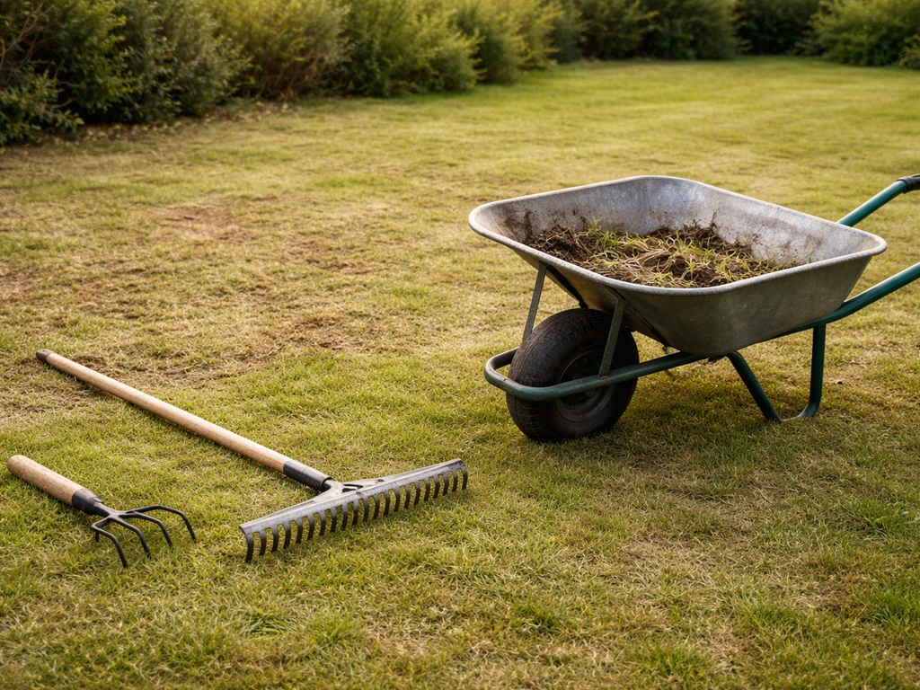 Outils de jardin sur une pelouse nettoyée et nivelée : râteau, griffe légère et brouette remplie de débris