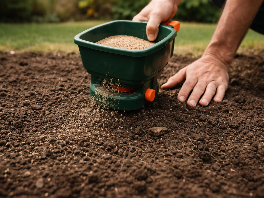 Gros plan sur un épandeur à graines qui répand les graines sur un sol griffé, avec rappuyage juste après.