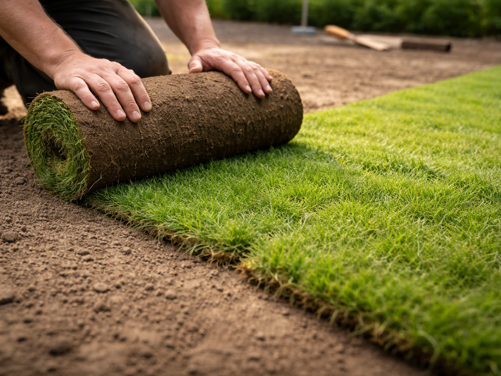 Rouleau de gazon précultivé déroulé au sol, raccords visibles sur une surface propre et légèrement griffée.