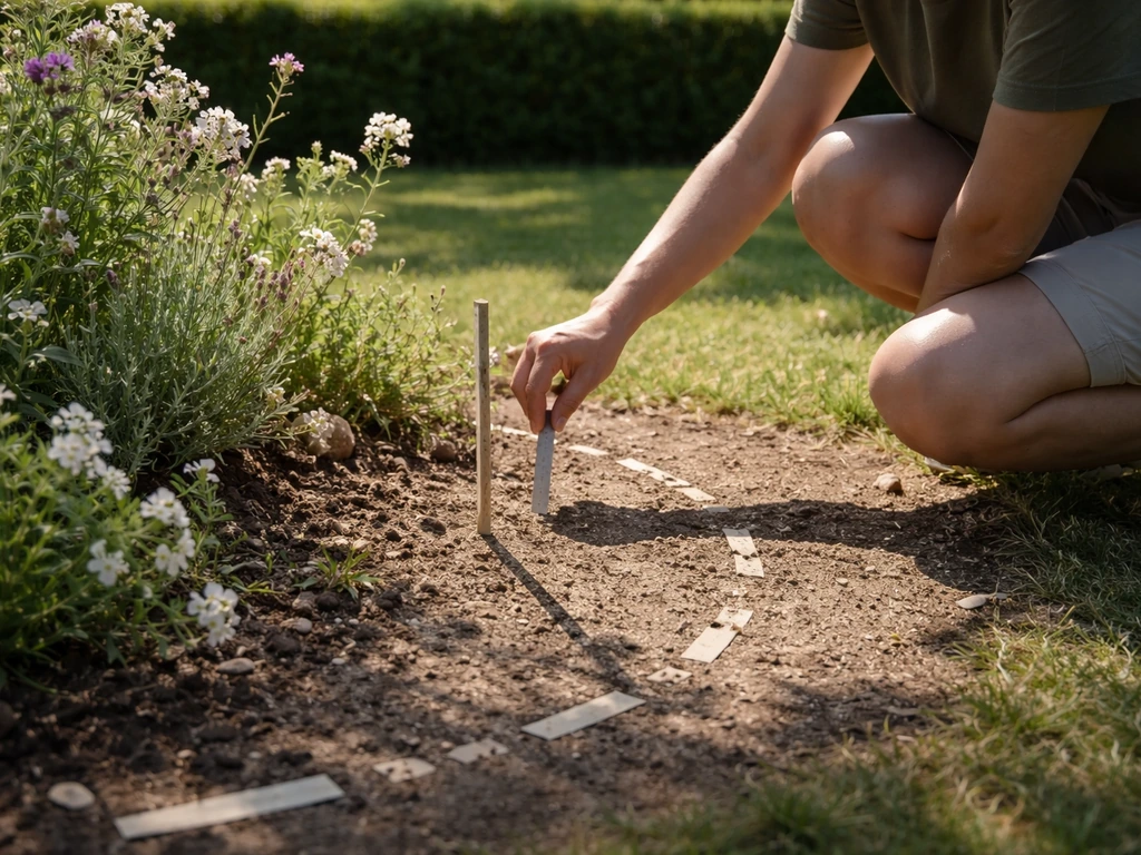 Une personne mesure une zone d’ombre au sol dans le jardin, lumière du soleil et ombres nettes visibles.