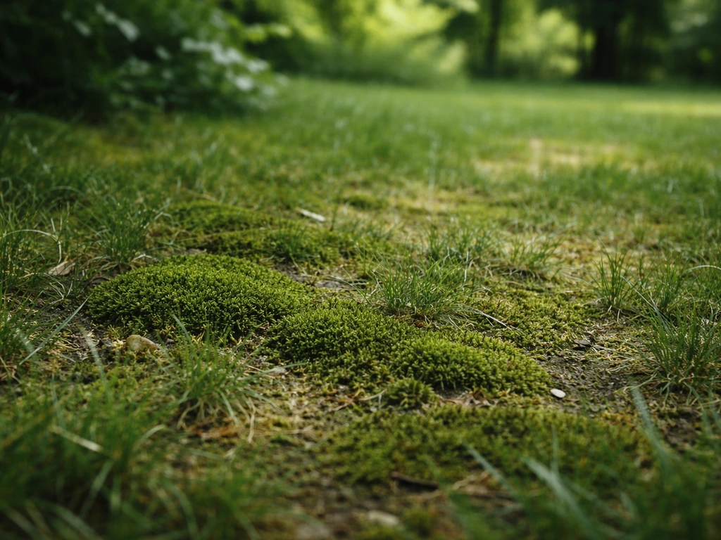 Gros plan sur de la mousse entre les brins et une pelouse jaunie sous les arbres.