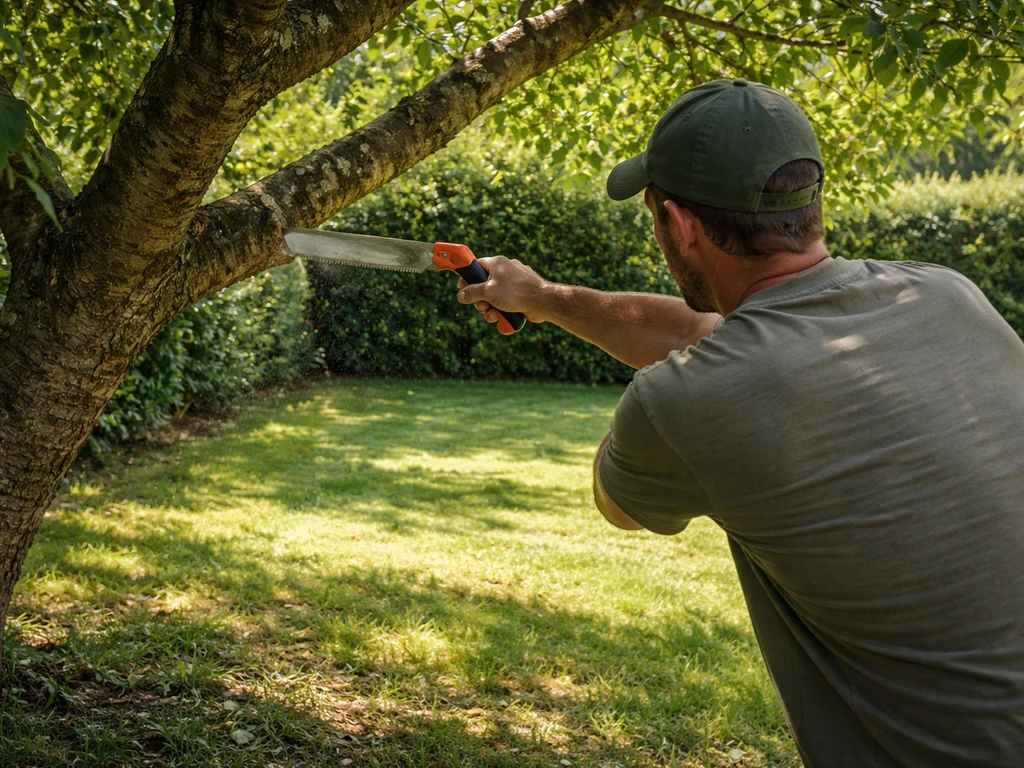 Élagage d’une branche basse d’un arbre : pelouse sous l’arbre avec ombre qui s’éclaircit légèrement.