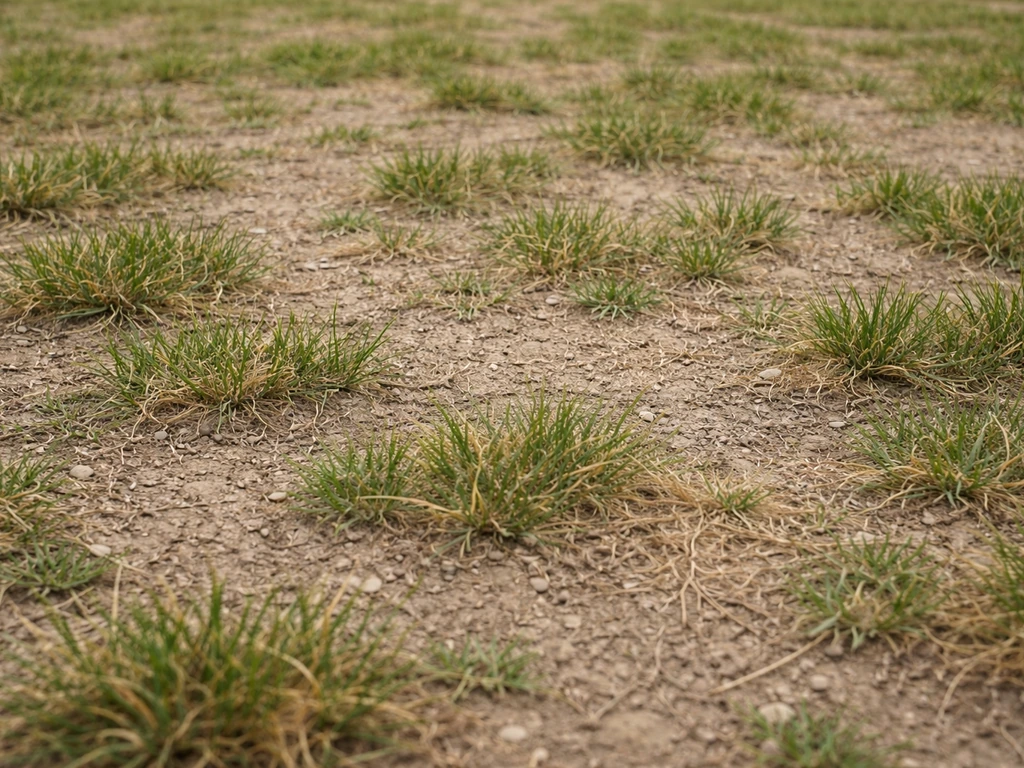 Gazon clairsemé avec plaques jaunes paille, montrant un sol maigre entre les touffes d’herbe.