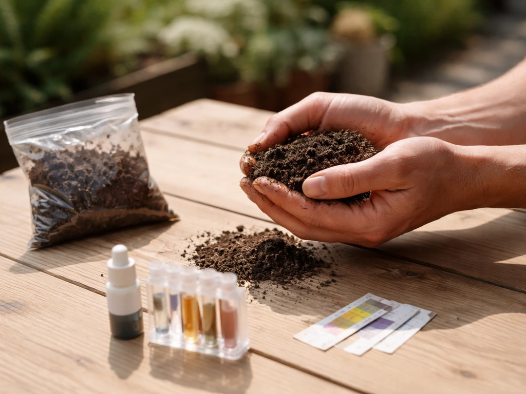 Mains tenant un échantillon de terre humide avec un kit de test de pH sur une table en bois.
