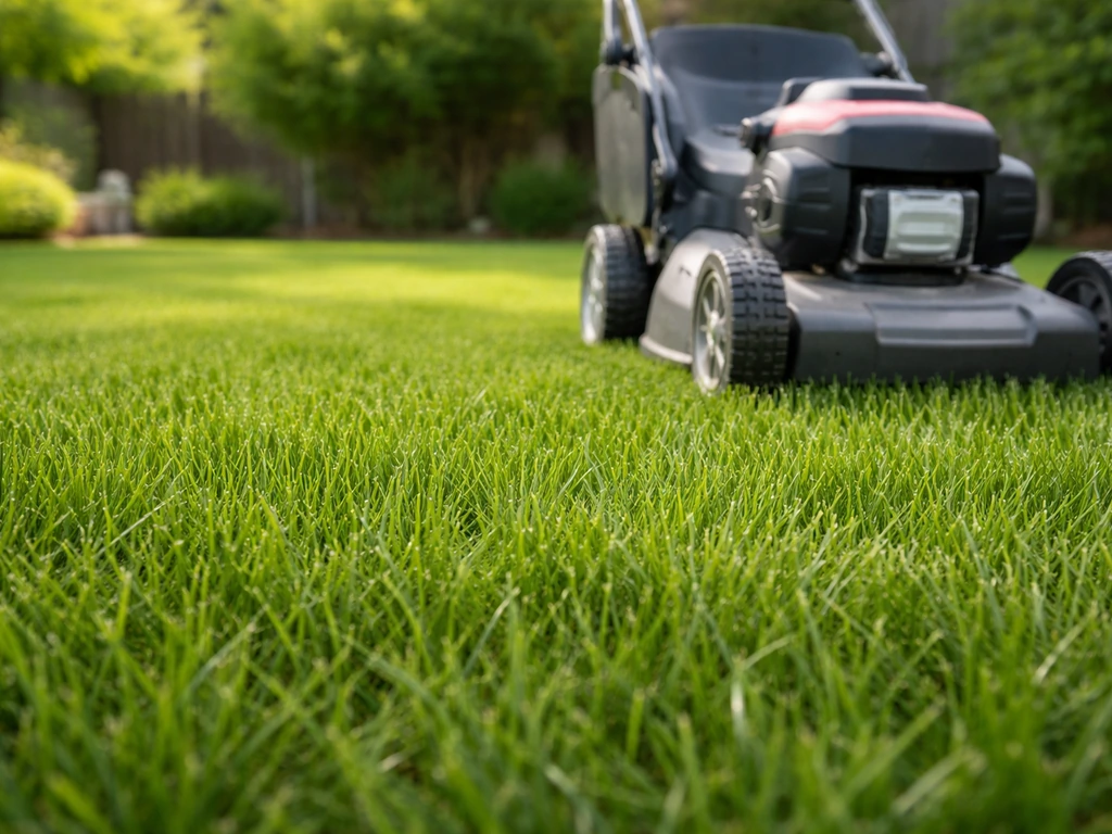 Gazon tondu à la bonne hauteur, tondeuse réglée, herbe dense et verte après coupe nette.
