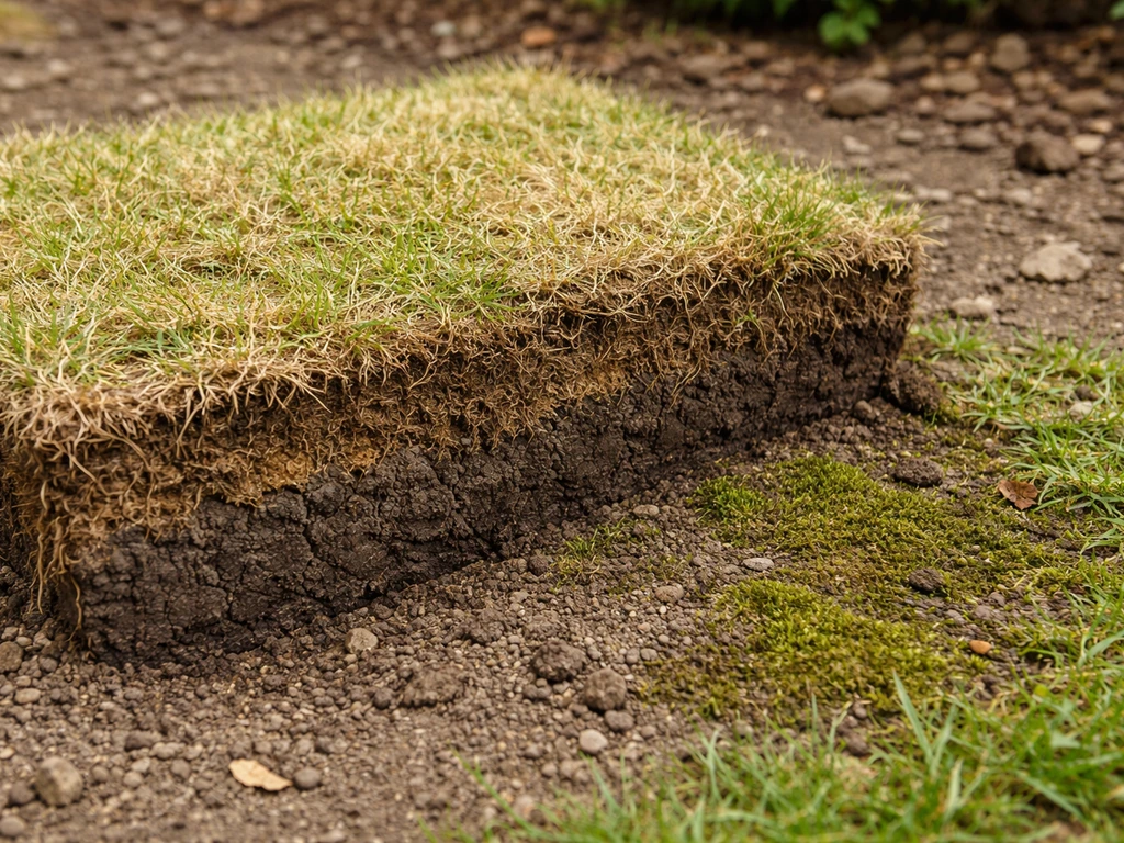 Coupe de gazon avec feutre épais, sol humide et mousse verte entre les brins d’herbe.